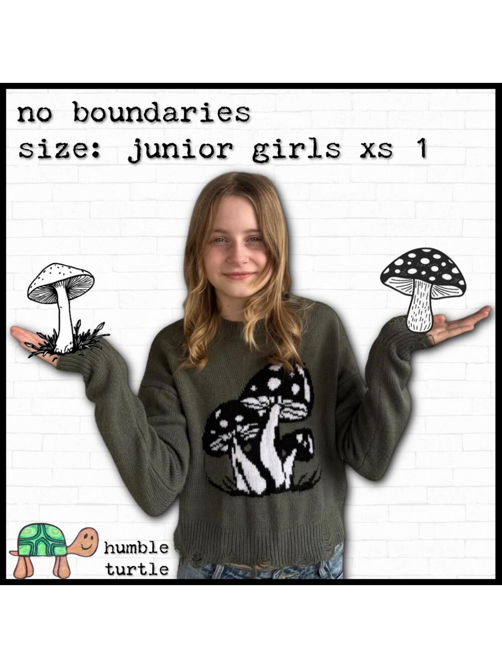 No Boundaries Girls' Dark Olive Green Mushroom Sweater